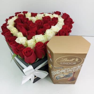 Heart box boquet and lindt chocolate combo